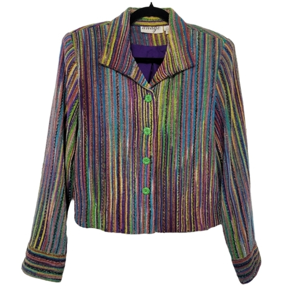 Anage Women's Button Front‎ Beaded Jacket Size S Multicolor Rainbow Stripe Art